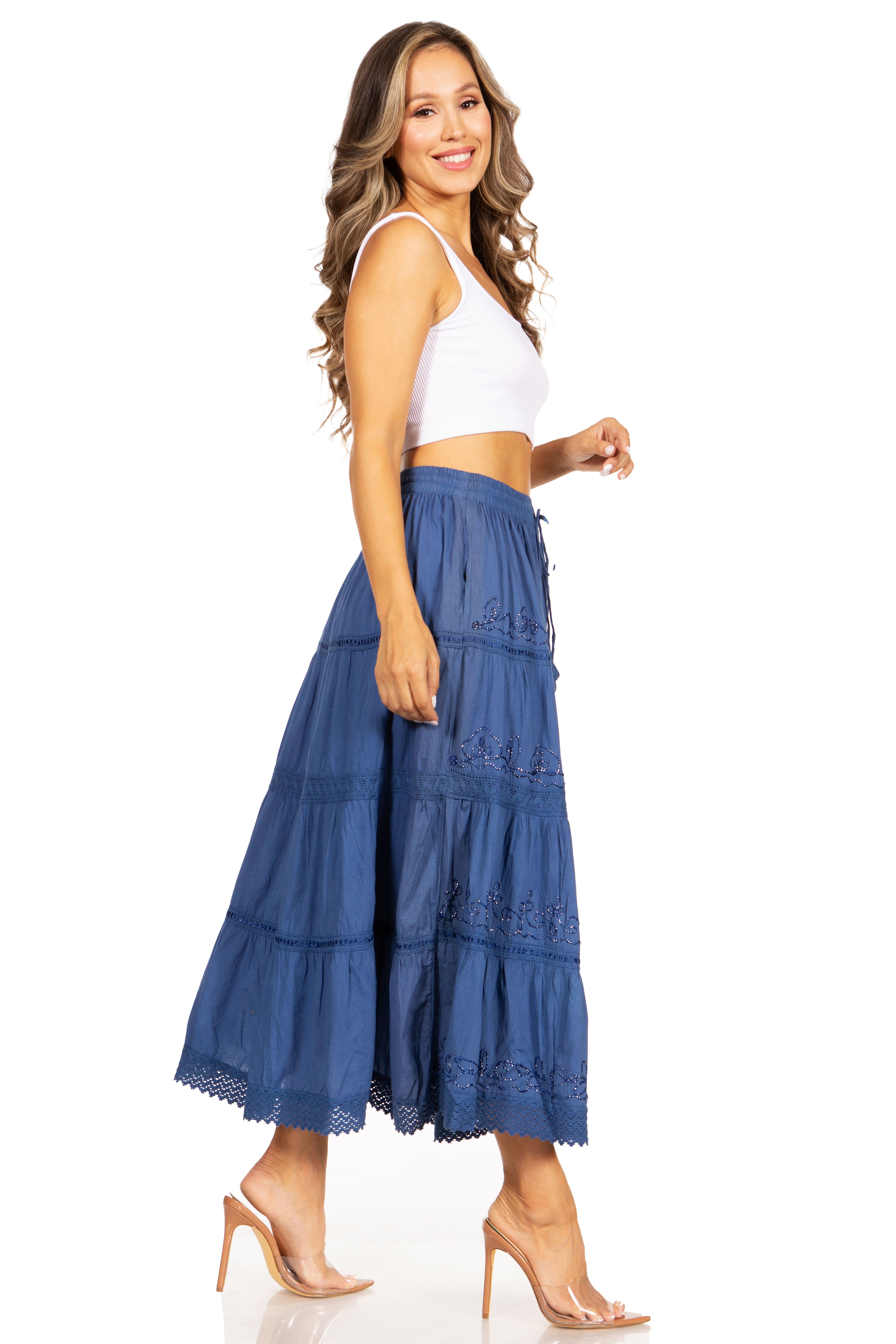 Sakkas Solid Embroidered Crochet Lace Trim Gypsy Bohemian Mid Length Cotton Skirt